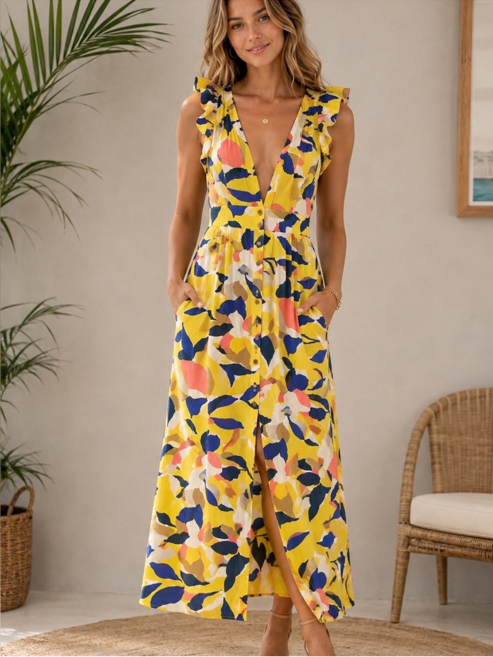 Maaji Plunge Neckline Floral Print Sleeveless Maxi Dress Sz S